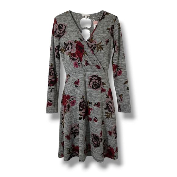 Candie’s Dresses & Skirts - Candie’s Women’s Gray Floral Long Sleeve Fit & Flare Dress with Lace Back Size M